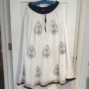 White and Blue Embellished Midi Skirt